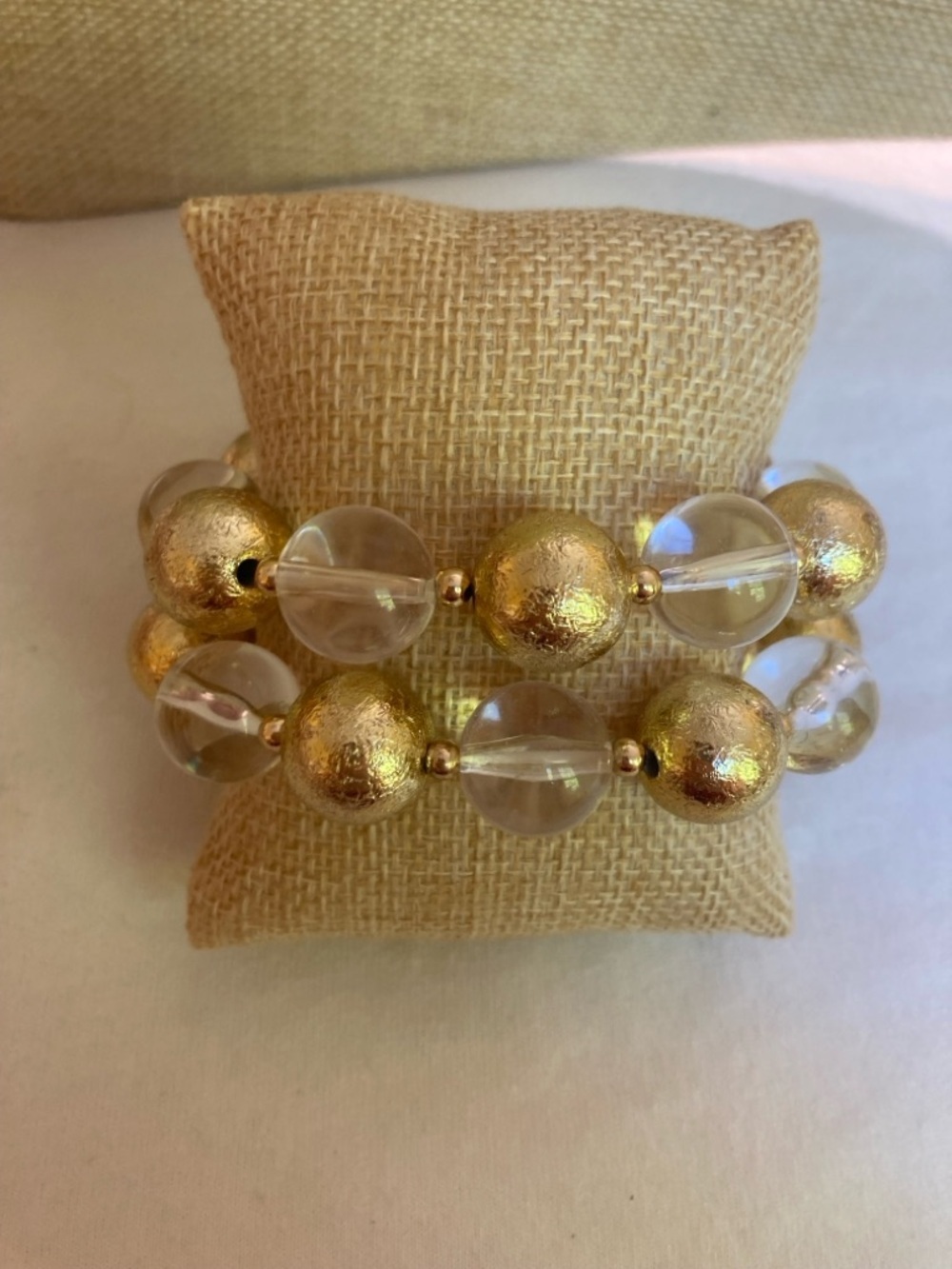 Set of 2 Stretch Bracelets Gold Tone Clear Beaded